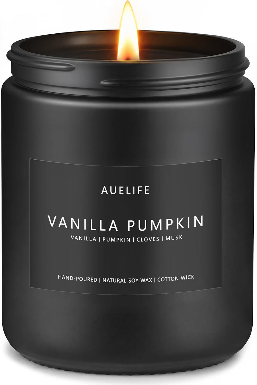 A lit Auelife Vanilla Pumpkin scented candle in a matte black glass jar with a white label, set against a solid white background.