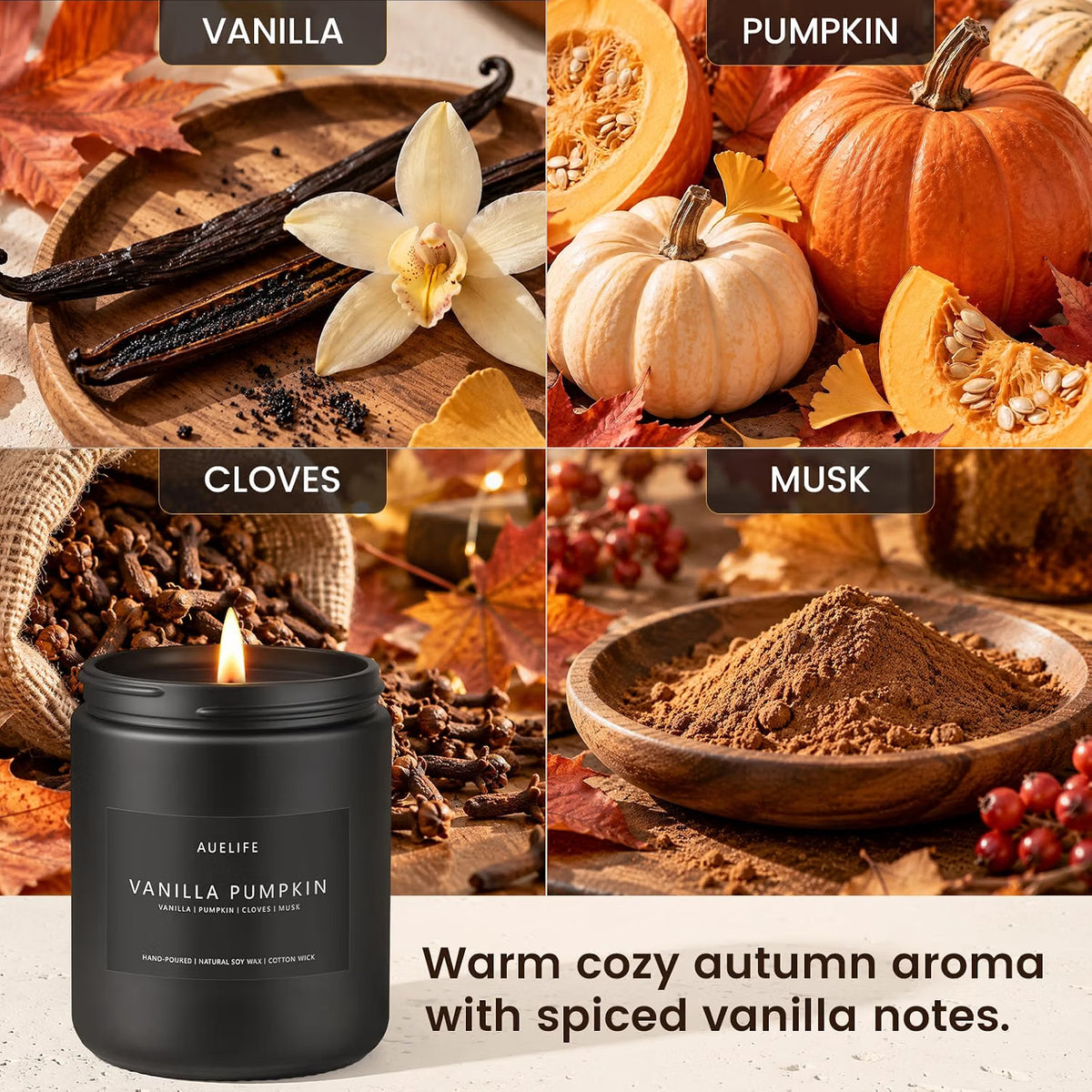 A four-panel seasonal scent graphic for a candle labeled 'Vanilla Pumpkin' by Auelife. The bottom panel shows a black candle jar with a lit flame, while the top panels depict vanilla beans and orchid flowers labeled 'VANILLA,' orange pumpkins and seeds labeled 'PUMPKIN,' cloves in a burlap sack labeled 'CLOVES,' and brown powder labeled 'MUSK.