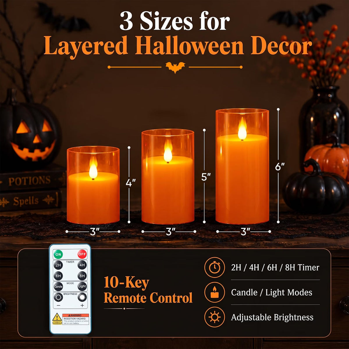 Three layered Halloween LED candles in different heights (3 inches, 5 inches, and 6 inches) displayed on a dark table with Halloween decorations. The image includes text overlays showing the dimensions and features like a 10-key remote control, timer options, and adjustable brightness.