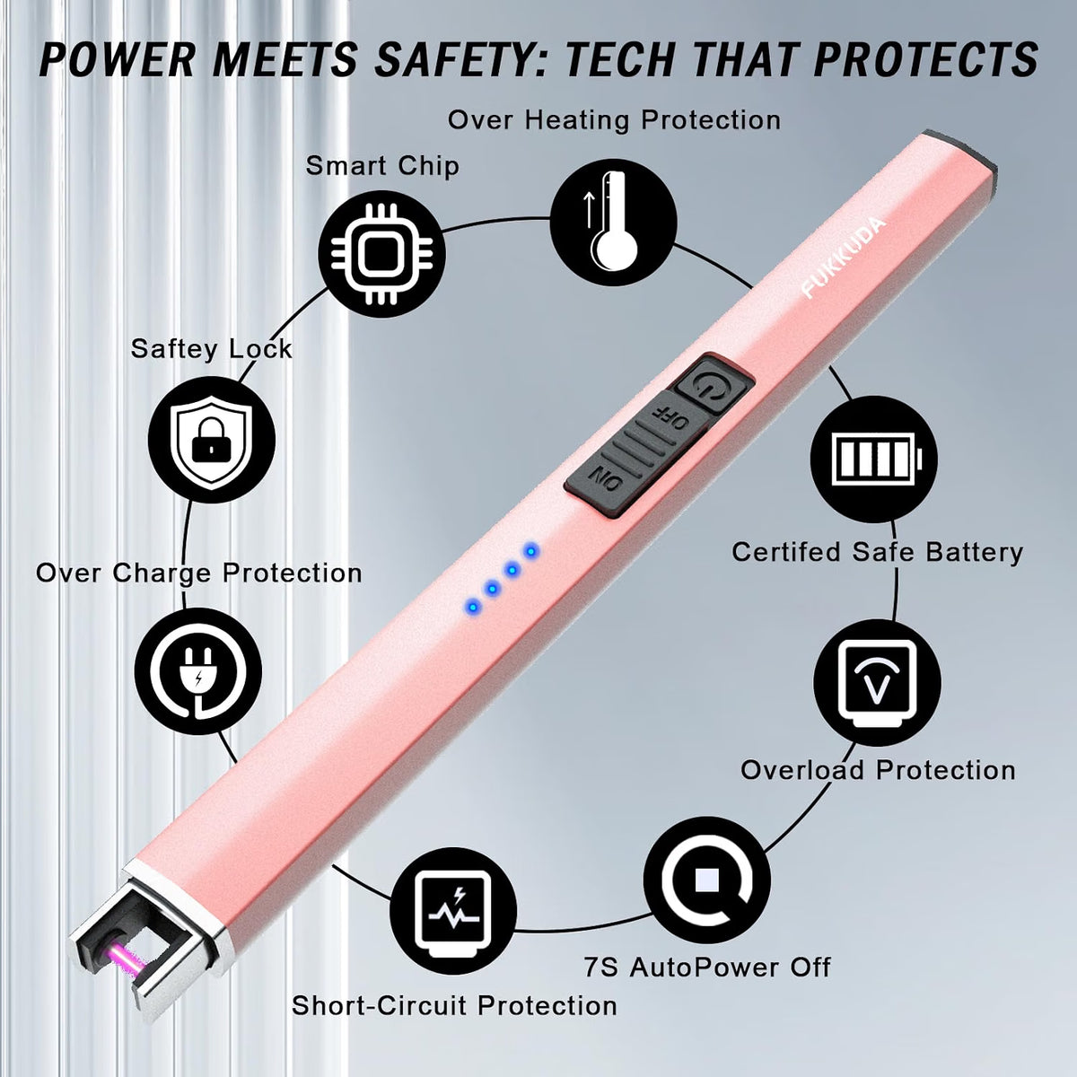 FUKKUDA Electric Candle Lighter – USB Rechargeable Flameless Plasma Arc, Rose Gold