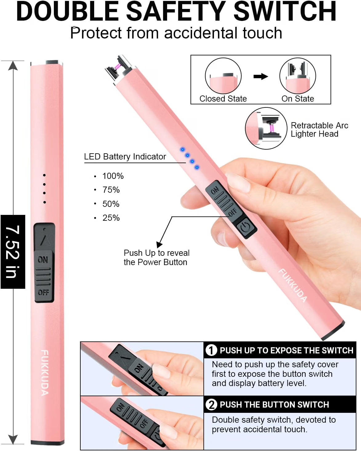 FUKKUDA Electric Candle Lighter – USB Rechargeable Flameless Plasma Arc, Rose Gold