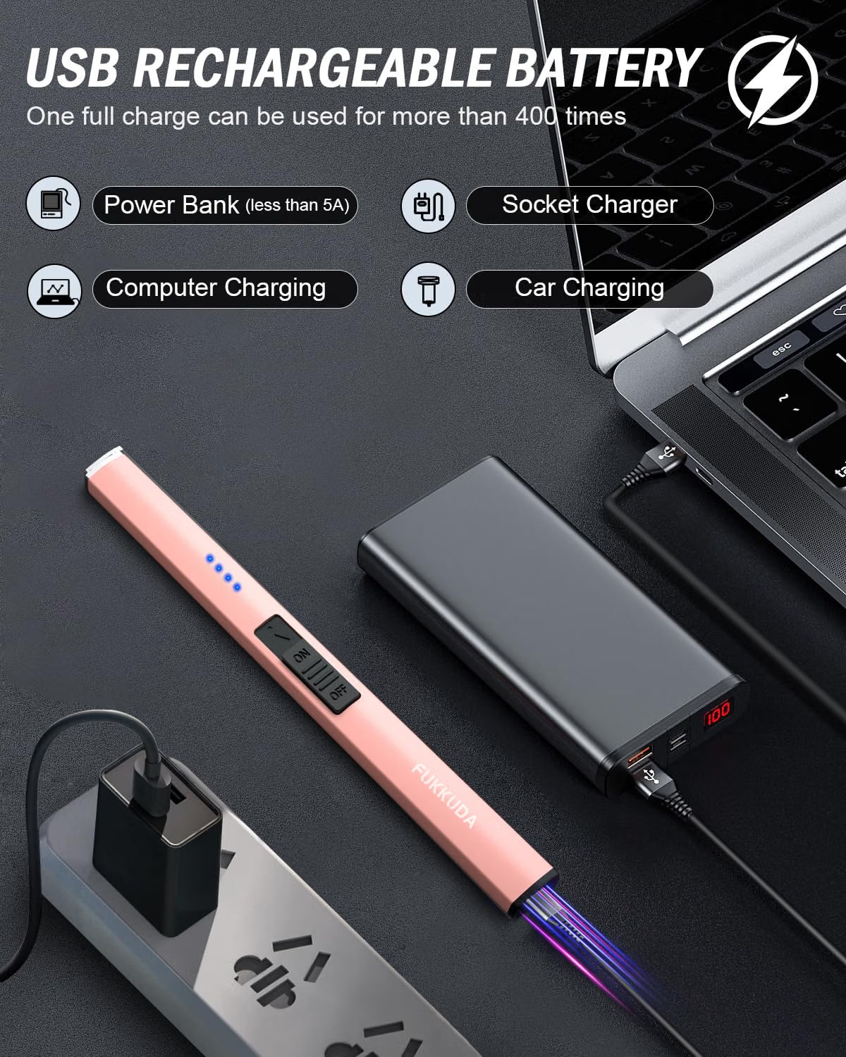 FUKKUDA Electric Candle Lighter – USB Rechargeable Flameless Plasma Arc, Rose Gold