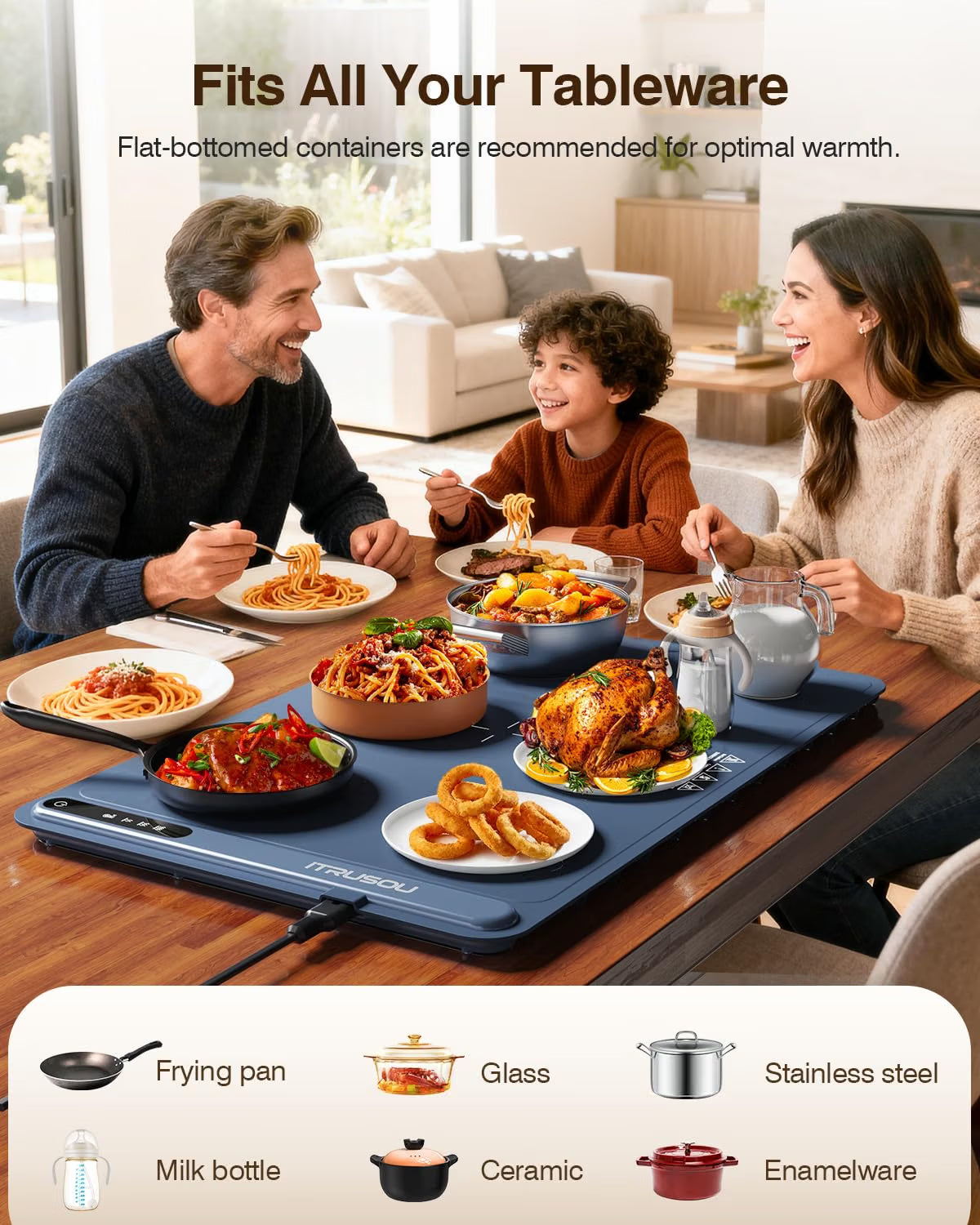 iTRUSOU Electric Food Warming Mat 24"x16" – 3-Level Temp, 250W, Rollable for Parties & Buffet