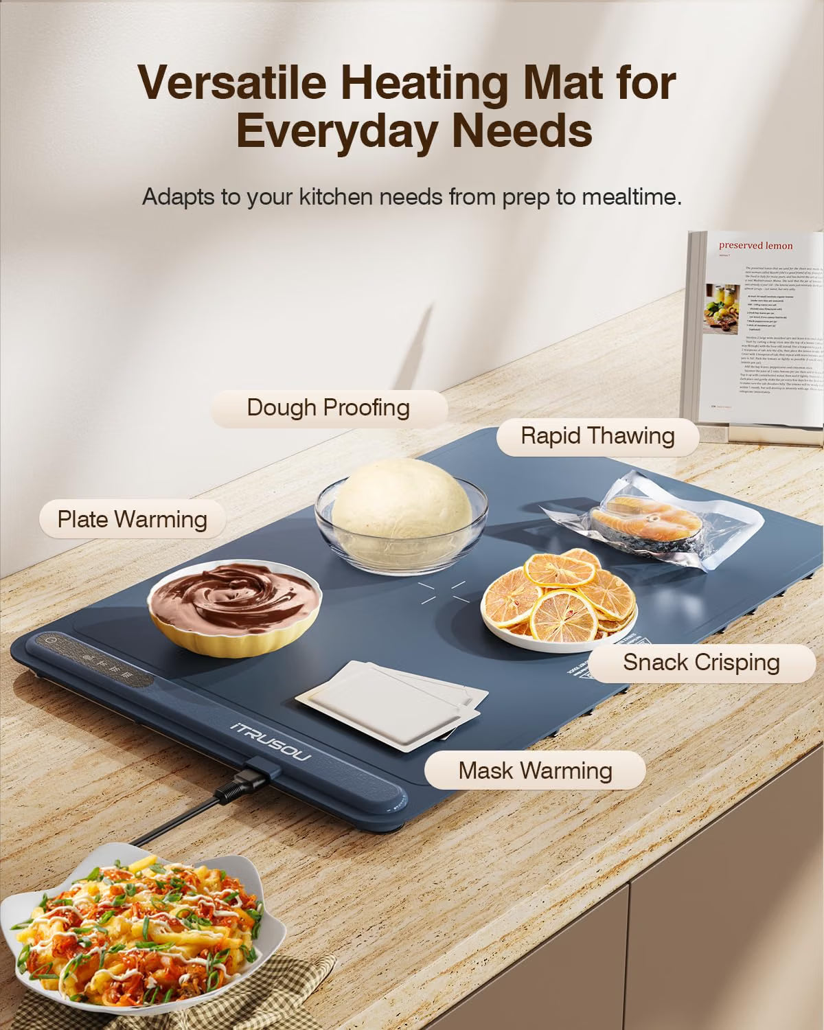 iTRUSOU Electric Food Warming Mat 24"x16" – 3-Level Temp, 250W, Rollable for Parties & Buffet