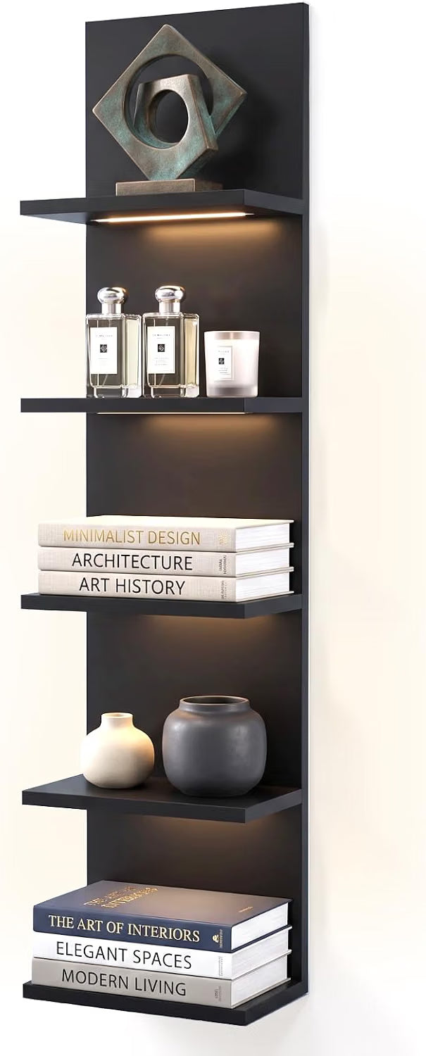 5 Tier Wall Shelf Unit with Light – Black