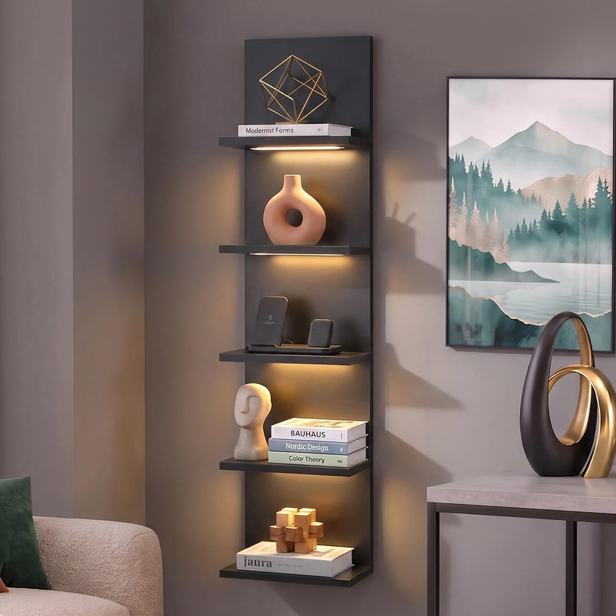 5 Tier Wall Shelf Unit with Light – Black