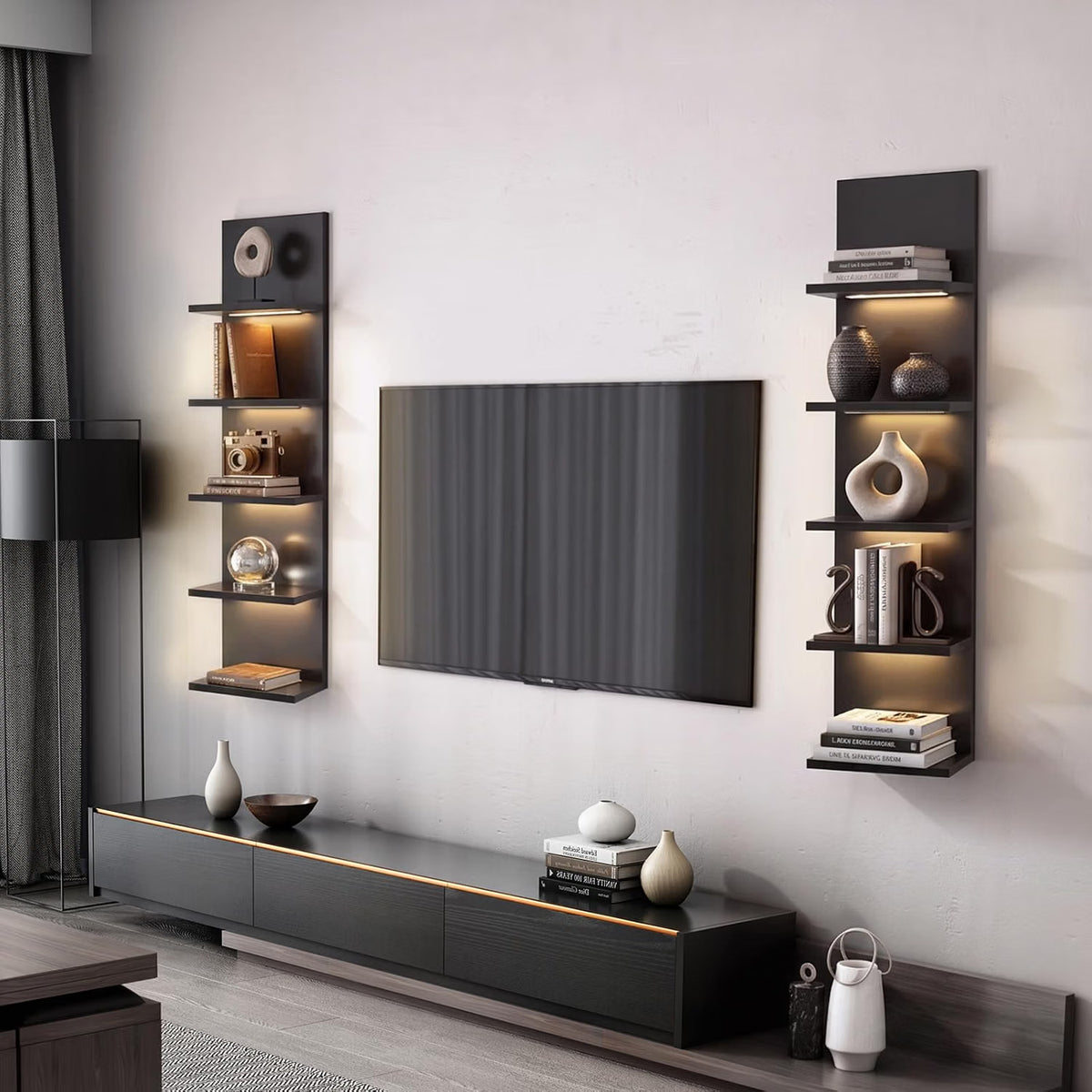 5 Tier Wall Shelf Unit with Light – Black