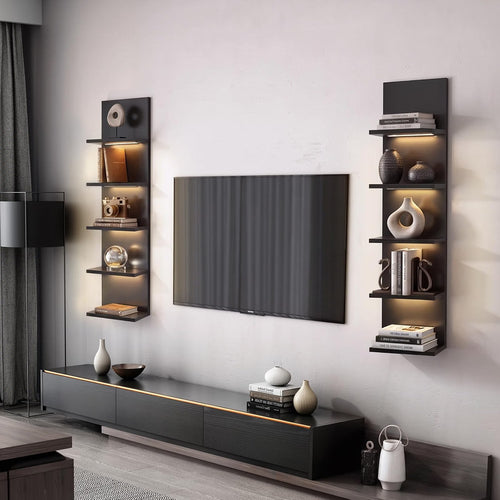 5 Tier Wall Shelf Unit with Light – Black